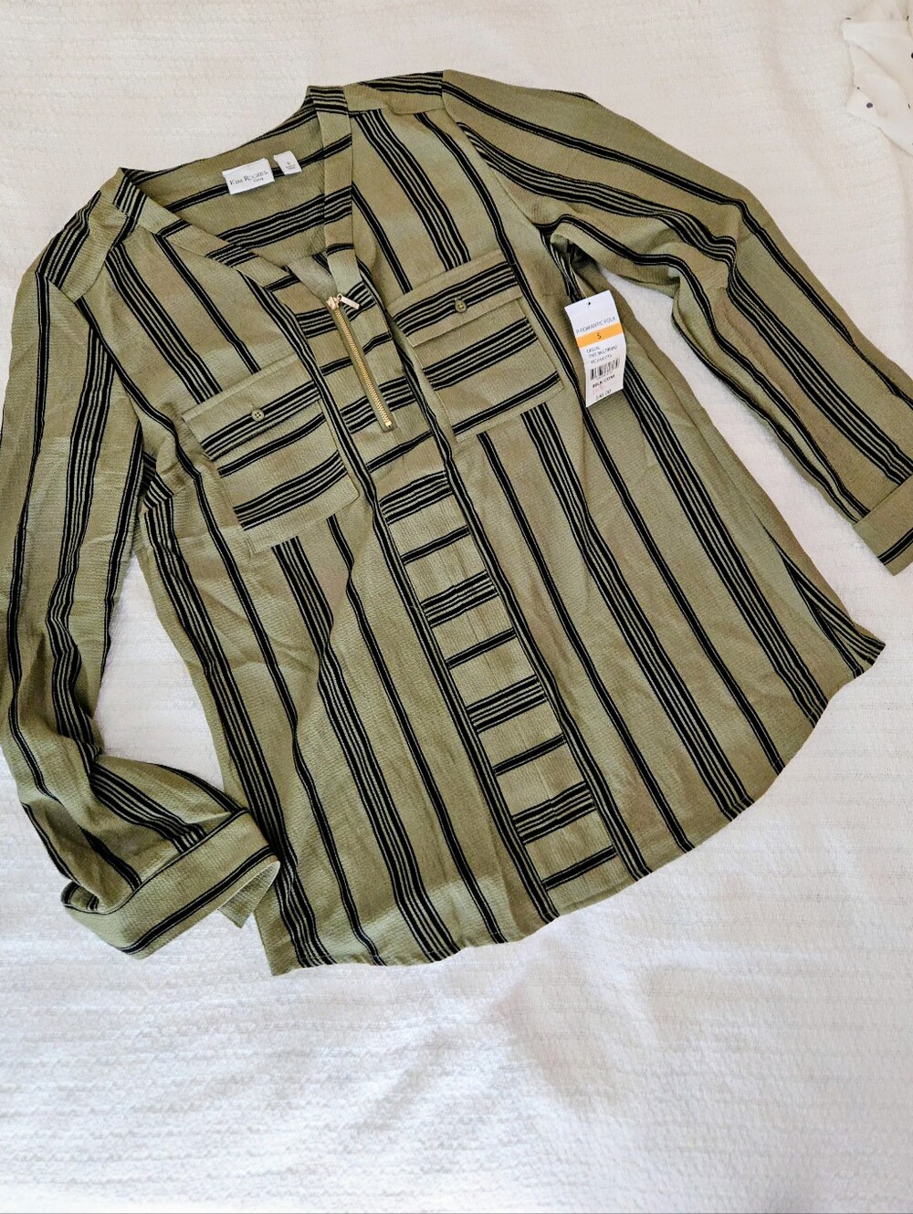 New With Tags Kim Rogers Olive and Black Striped V-Neck Tunic with Zip Detail